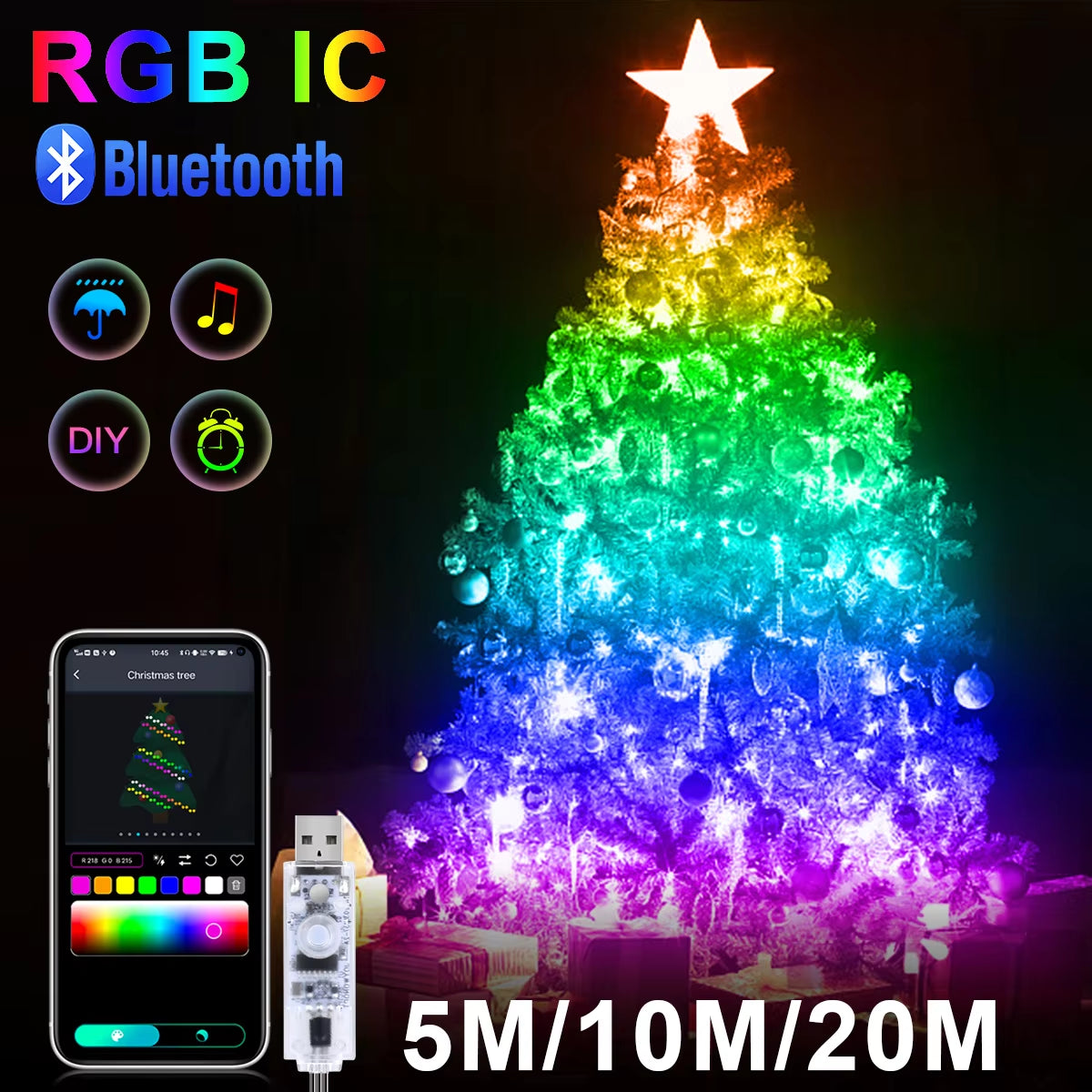 10M/20M USB Christmas Tree LED String Lights with Smart Bluetooth App Remote Control Christmas Home Decor Fairy Lights Garland