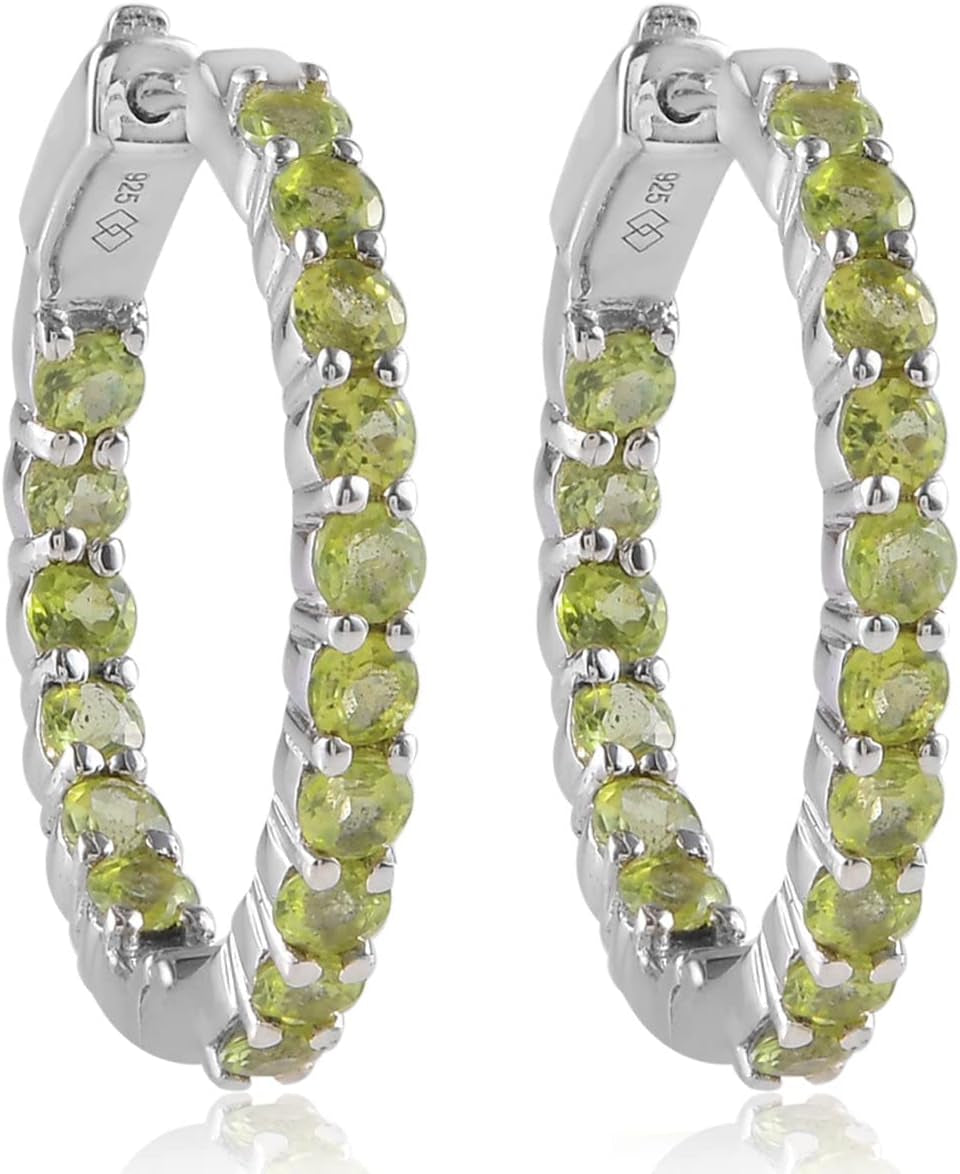 925 Sterling Silver Genuine Birthstone Inside-Out Hoop Earrings for Women, 3Mm Gemstone 1.10 Inches