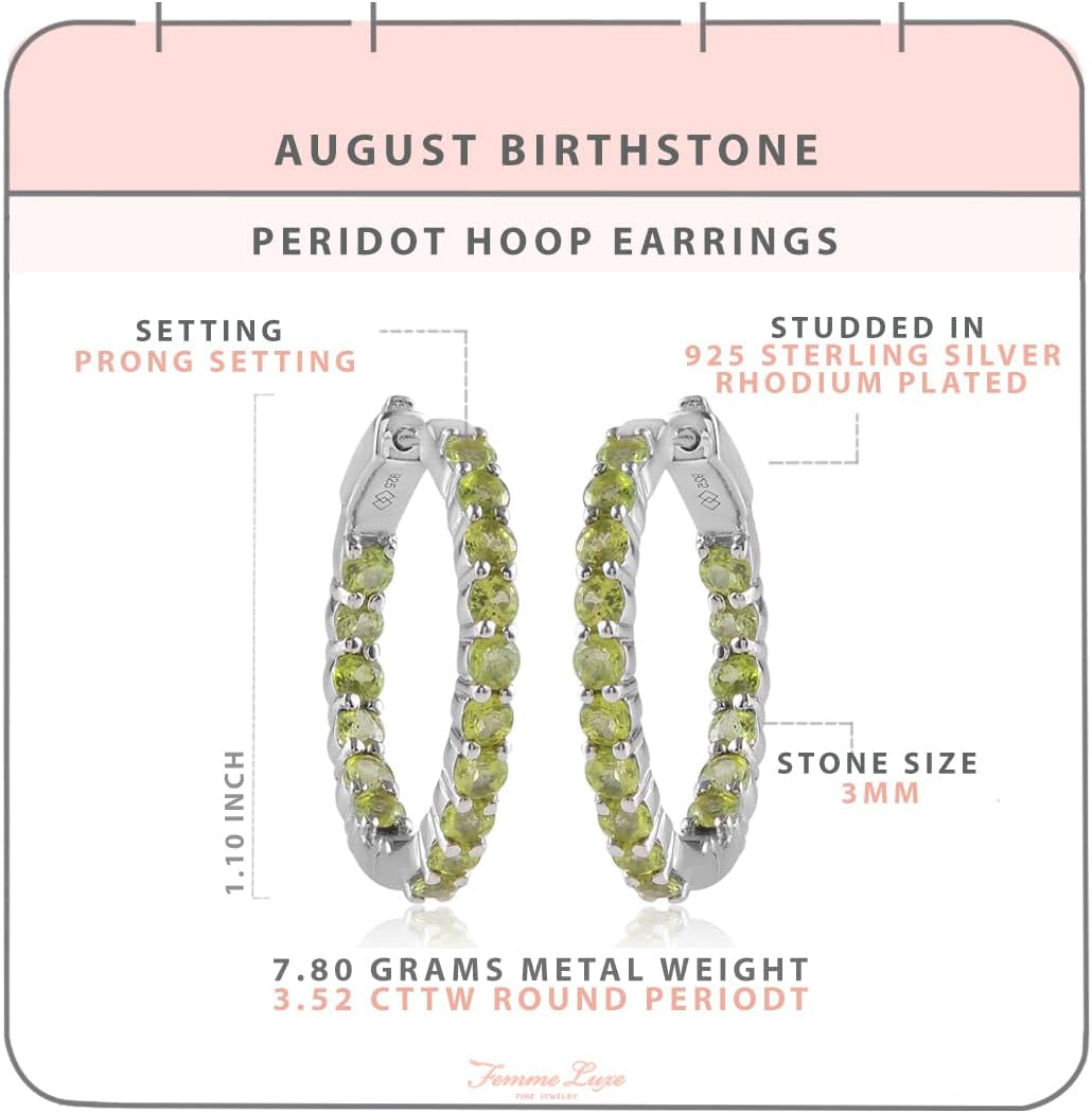 925 Sterling Silver Genuine Birthstone Inside-Out Hoop Earrings for Women, 3Mm Gemstone 1.10 Inches