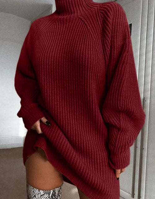 Load image into Gallery viewer, Women Turtleneck Oversized Knitted Dress Autumn Solid Long Sleeve Casual Elegant Mini Sweater Dress Winter Clothes
